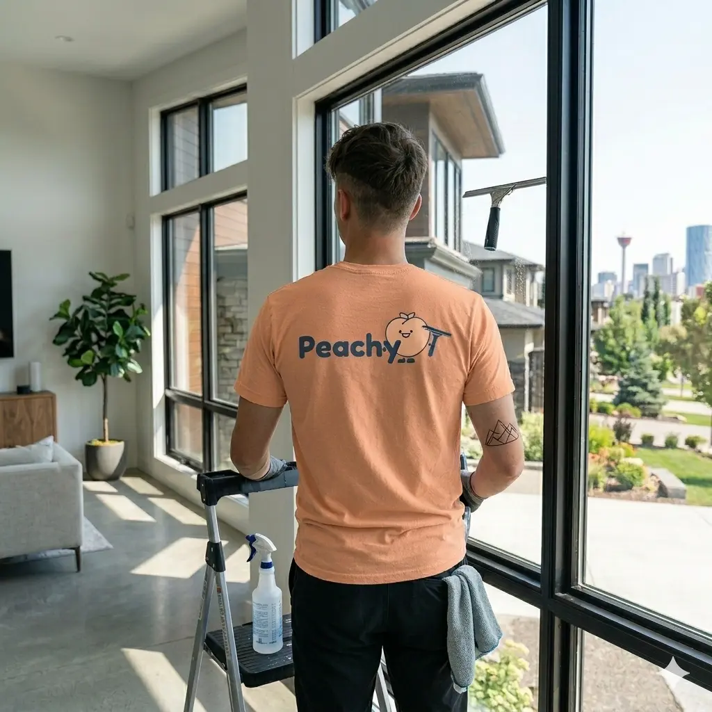 man working for Peachy cleaning interior windows in Calgary, AB