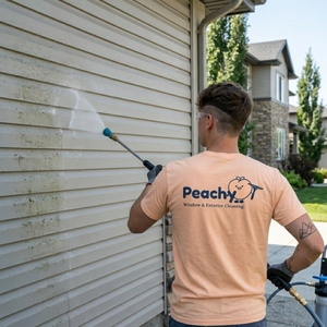 man soft washing siding in Calgary, AB for Peachy House Washing Services